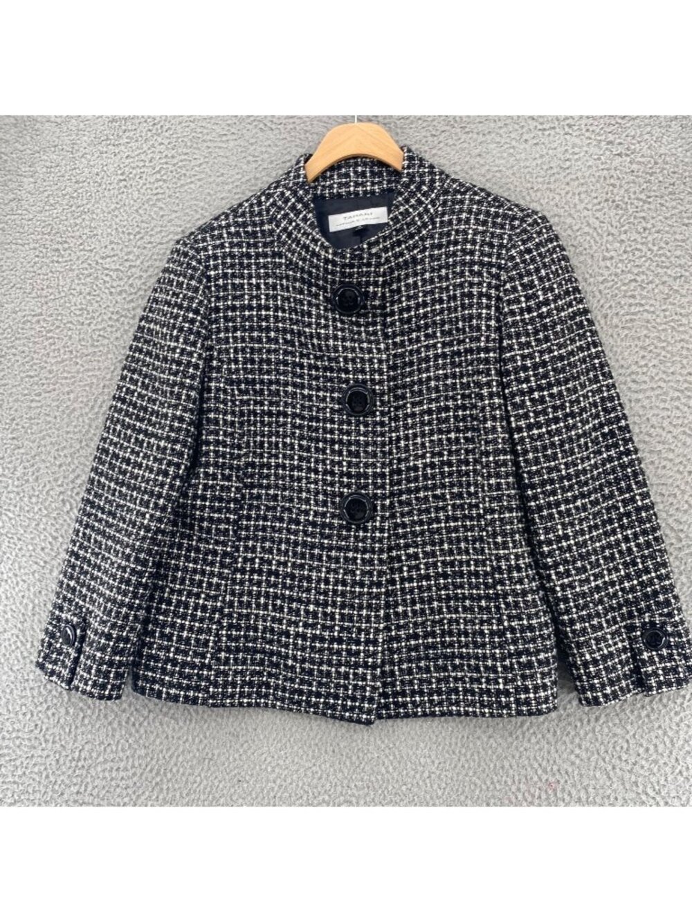 Tahari Coat Womens 12 Black Twill Plaid Wool Blend Button Up 3/4 Sleeve Jacket
